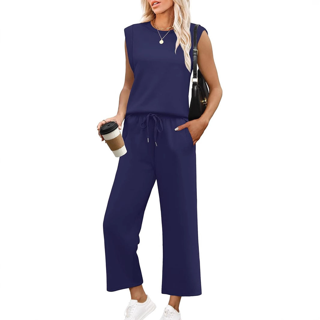 Women's Casual Cap Sleeve Top & Wide-Leg Cropped Trousers