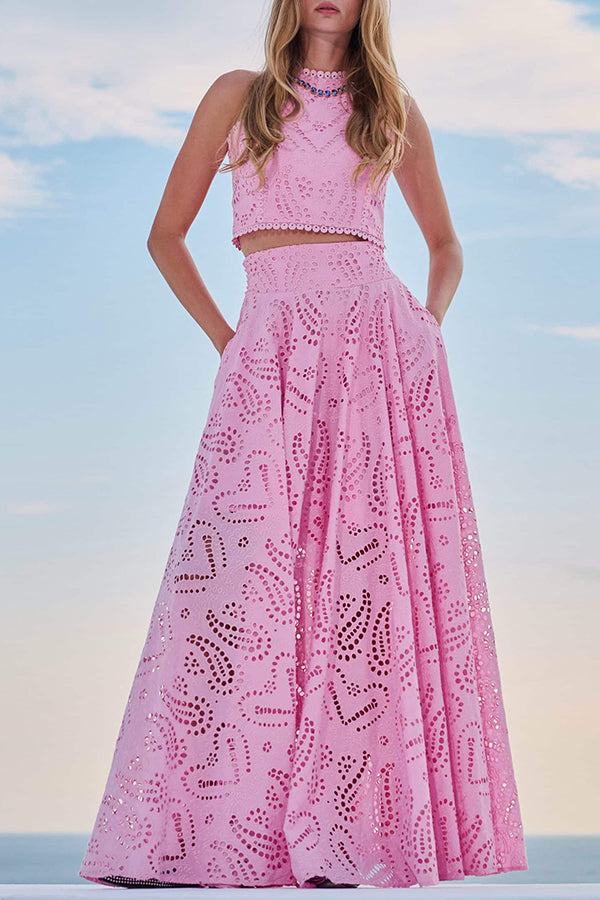 Two-Piece Set with Embroidery and High-Waisted Long Skirt