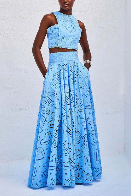 Two-Piece Set with Embroidery and High-Waisted Long Skirt