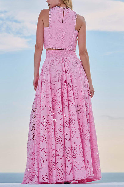 Two-Piece Set with Embroidery and High-Waisted Long Skirt