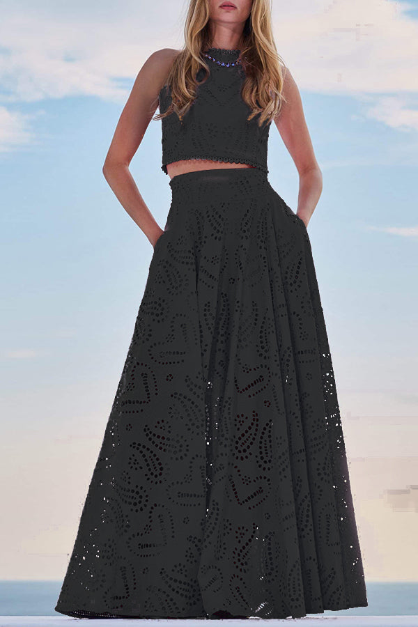Two-Piece Set with Embroidery and High-Waisted Long Skirt