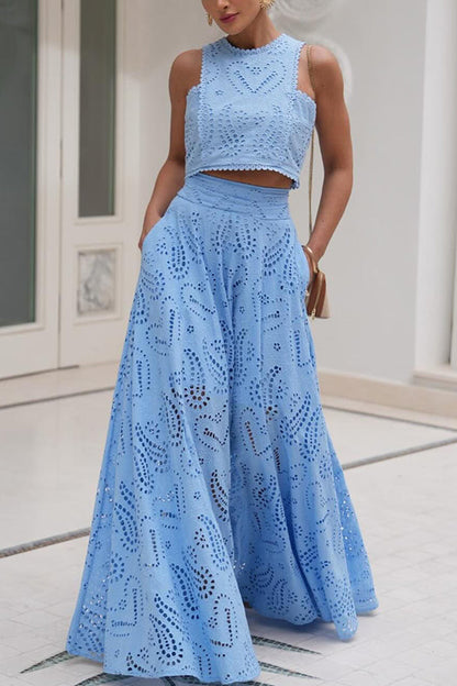 Two-Piece Set with Embroidery and High-Waisted Long Skirt