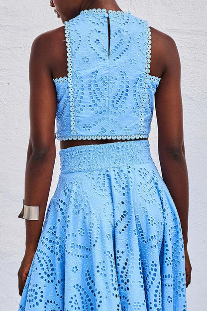 Two-Piece Set with Embroidery and High-Waisted Long Skirt