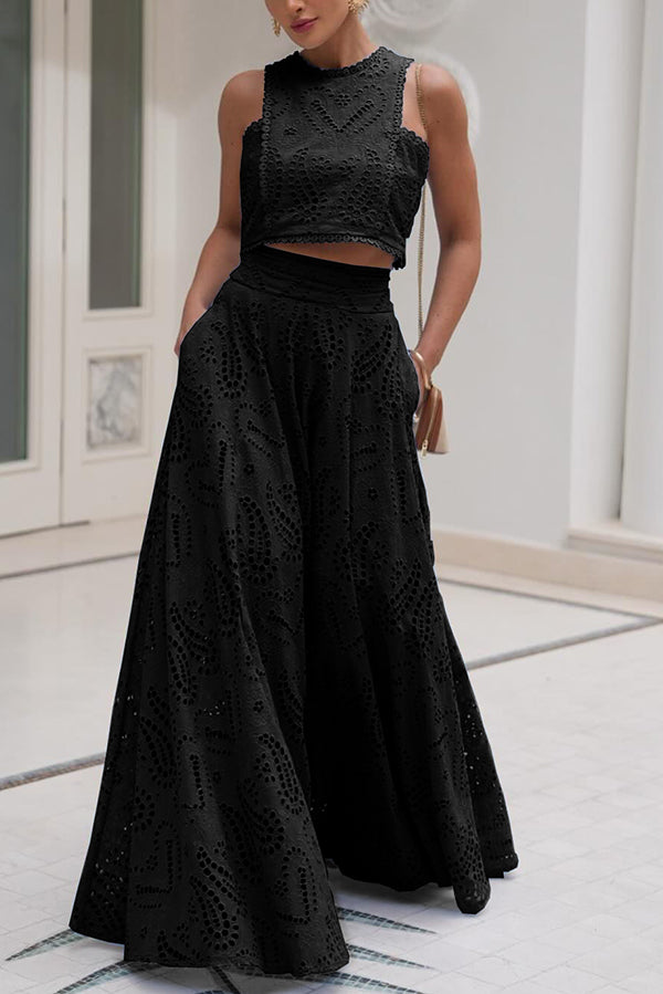 Two-Piece Set with Embroidery and High-Waisted Long Skirt