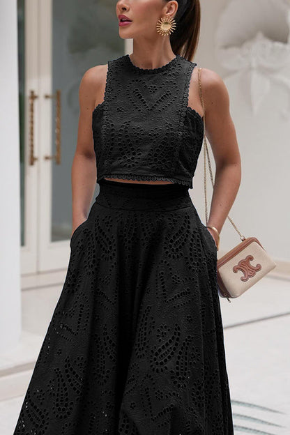 Two-Piece Set with Embroidery and High-Waisted Long Skirt