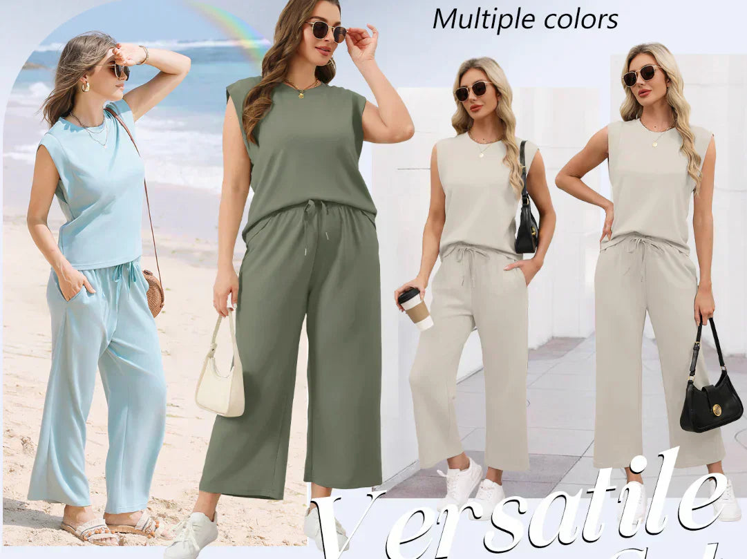 Women's Casual Cap Sleeve Top & Wide-Leg Cropped Trousers