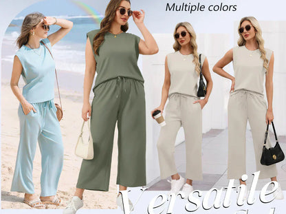Women's Casual Cap Sleeve Top & Wide-Leg Cropped Trousers