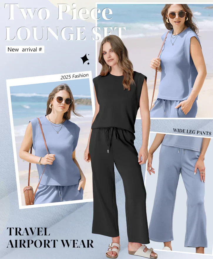Women's Casual Cap Sleeve Top & Wide-Leg Cropped Trousers