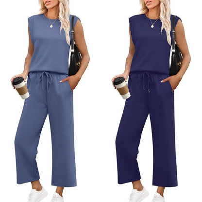 Women's Casual Cap Sleeve Top & Wide-Leg Cropped Trousers