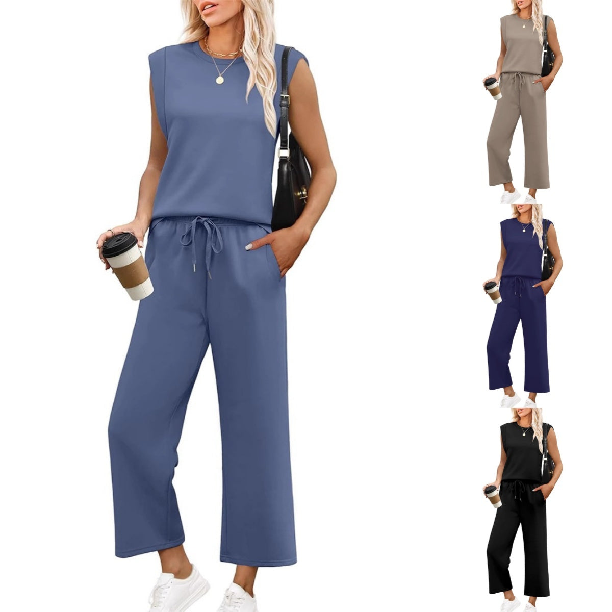 Women's Casual Cap Sleeve Top & Wide-Leg Cropped Trousers