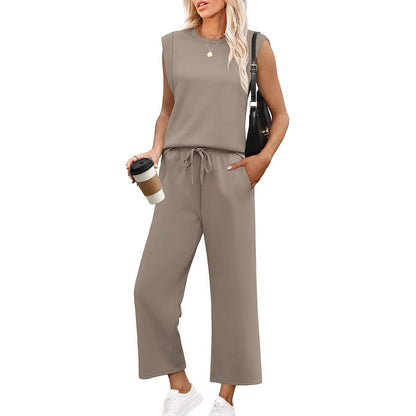 Women's Casual Cap Sleeve Top & Wide-Leg Cropped Trousers