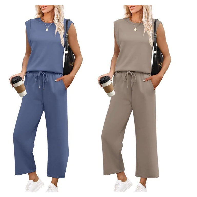 Women's Casual Cap Sleeve Top & Wide-Leg Cropped Trousers