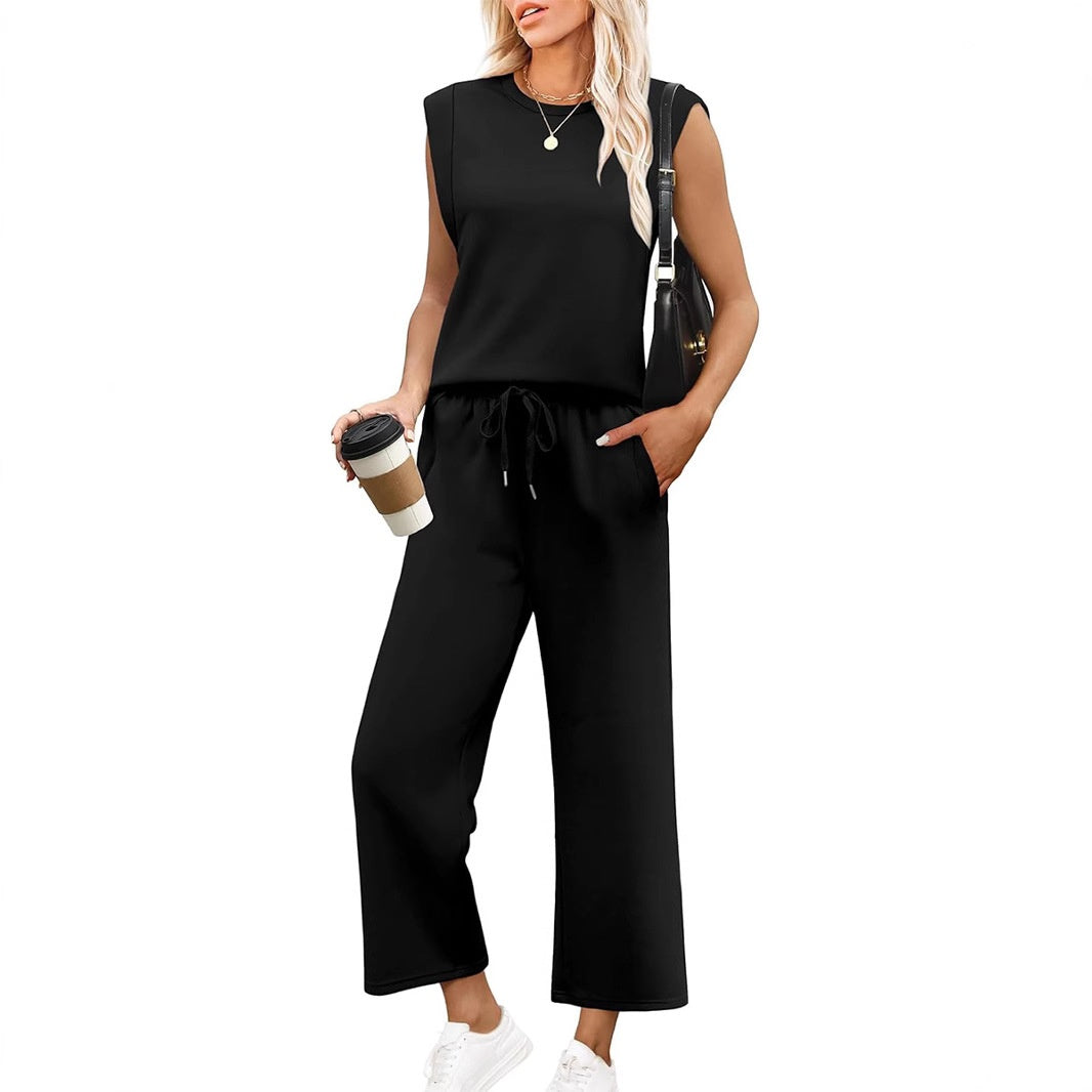 Women's Casual Cap Sleeve Top & Wide-Leg Cropped Trousers