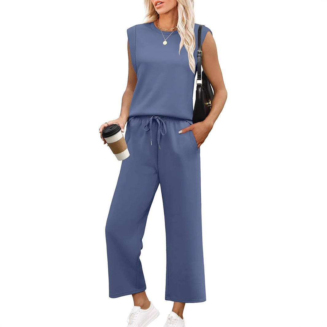 Women's Casual Cap Sleeve Top & Wide-Leg Cropped Trousers