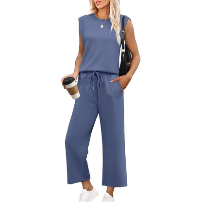 Women's Casual Cap Sleeve Top & Wide-Leg Cropped Trousers